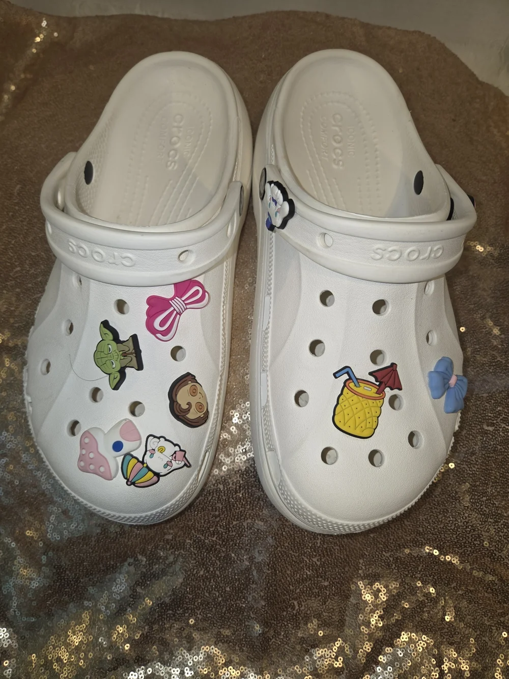 CROCS White Platform Sandals with Colorful Removable Charms